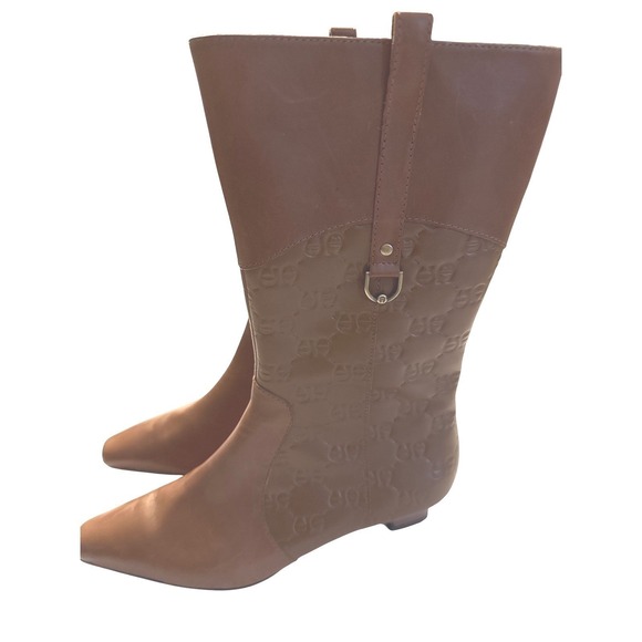 Aigner Shoes - Etienne Aigner, Davin, Brown Leather Embossed Logo Calf Boots, Sz. 6M, Knee High
